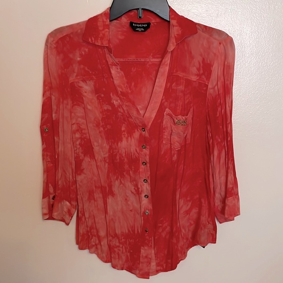 BEBE Pink and Red Button Down Shirt Size Medium - Picture 1 of 5